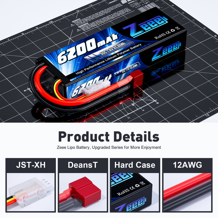 Zeee 2S Lipo Battery 6200mAh 7.4V 60C Hard case with Deans Connector for RC Vehicles Car Truck Truggy Boat(1 Pack)
