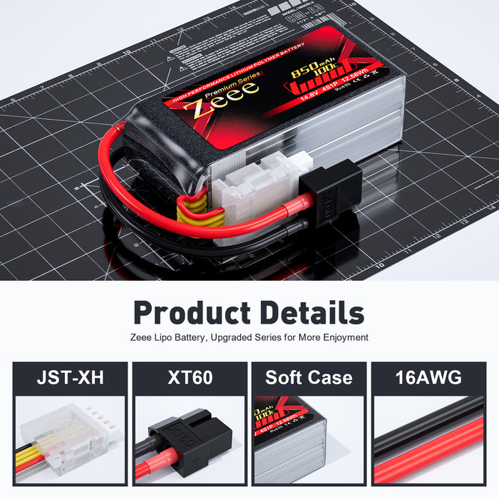 Zeee Premium Series 4S Lipo Battery 850mAh 14.8V 100C Soft Case with XT60 Plug for RC Car RC Models(2 Pack)