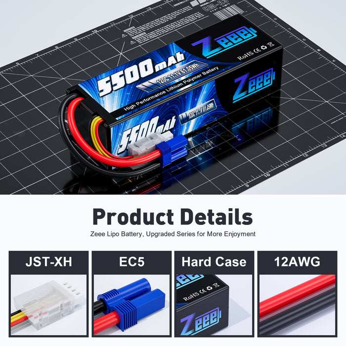 Zeee 3S Lipo Battery 5500mAh 11.1V 120C Hard Case RC Battery with EC5 Connector for RC Car 1/8 1/10 Scale Vehicles(2 Pack)