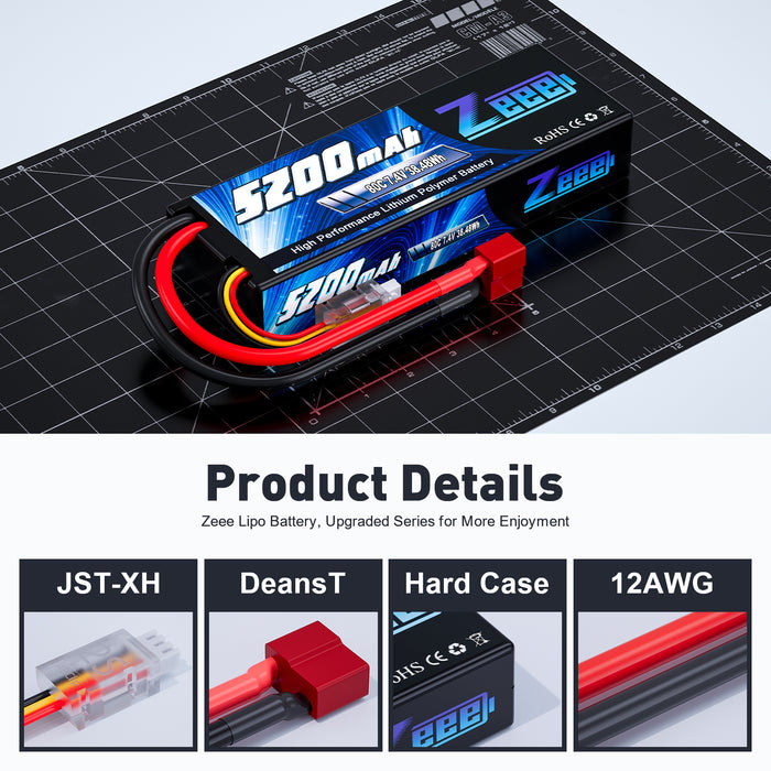 Zeee 2S Lipo Battery 5200mAh 7.4V 80C Hard Case Deans T Plug  for 1/8 1/10 RC Vehicles Car(2 Pack)