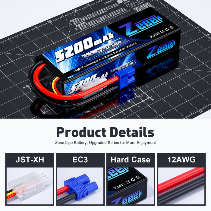 Zeee 2S Lipo Battery 5200mAh 7.4V 80C Hard Case with EC3 Plug for 1/8 1/10 RC Vehicles Car(2 Pack)