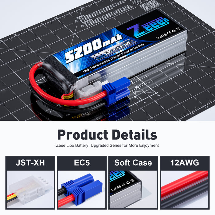 Zeee 3S LiPo Battery 5200mAh 11.1V 120C with EC5 Connector Soft Case for RC Car RC Models(2 Pack)