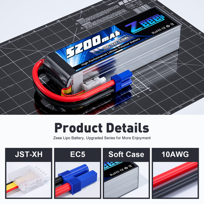 Zeee 4S Lipo Battery 14.8V 5200mAh 100C with EC5 Plug Soft Case for RC Plane RC Car(2 Pack)