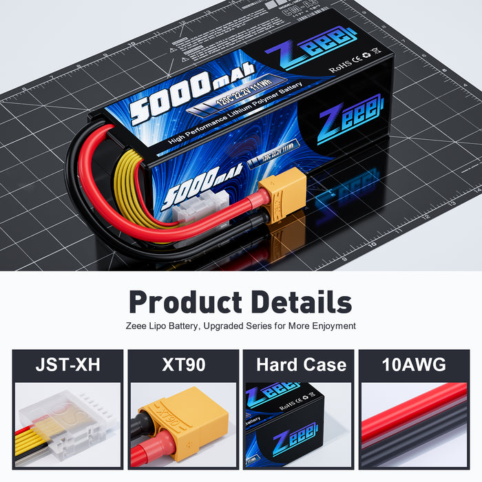 Zeee 6S 5000mAh Lipo Battery 22.2V 120C Hard Case Battery with XT90 Connector for RC Car Trucks Airplane Helicopter Quadcopter Boat Racing Models (2 Pack)