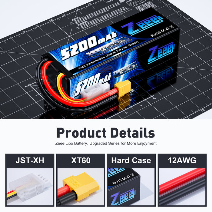 Zeee 3S Lipo Battery 5200mAh 11.1V 80C with XT60 Connector Hard Case Battery for RC Car RC Models(2 Pack)