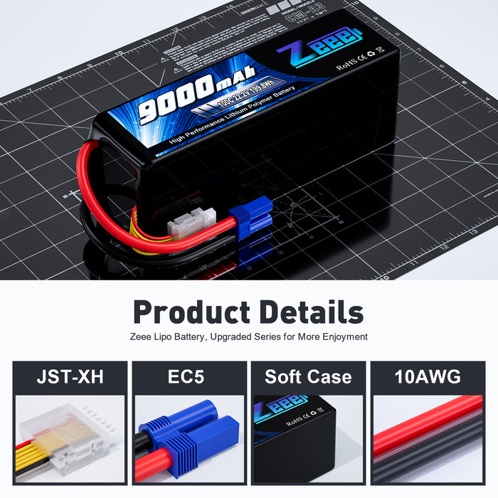 Zeee 6S Lipo Battery 9000mAh 22.2V 100C Soft Case With EC5 Connector with Metal Plates for RC Car RC Models(2 Pack)