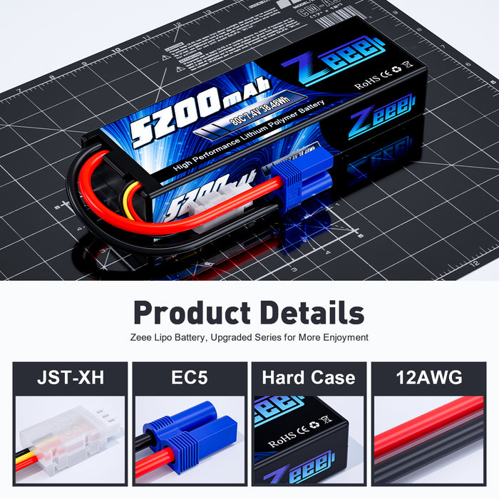 Zeee 2S Lipo Battery 5200mAh 7.4V 80C Hard Case with EC5 Plug Compatible with 1/8 1/10 RC Car(2 Pack)