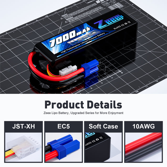 Zeee 4S Lipo Battery 7000mAh 14.8V 100C Soft Pack RC Battery EC5 Connector with Metal Plates for RC Car RC Truck RC Tank Racing Hobby