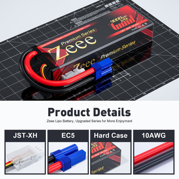 Zeee Premium Series 2S Lipo Battery 9000mAh 7.6V 120C HV-Lipo Hard Case Battery with EC5 Connector for RC Car RC Models (2 Pack)