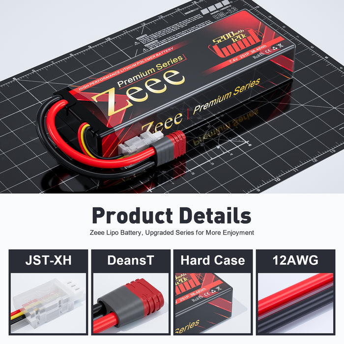 Zeee Premium Series 2S Lipo Battery 5200mAh 7.4V 120C Hard Case with Deans Plug for 1/8 1/10 RC Car(2 Pack)