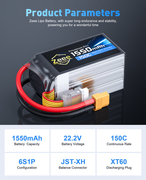 Zeee Premium Pro 6S Lipo Battery 1550mAh 22.2V 150C Ultra-Low IR Soft Pack Lipo Battery with XT60 Connector for FPV Racing Quadcopter Drone Helicopter Airplane RC Car Truck Boat RC Models (2 Packs)