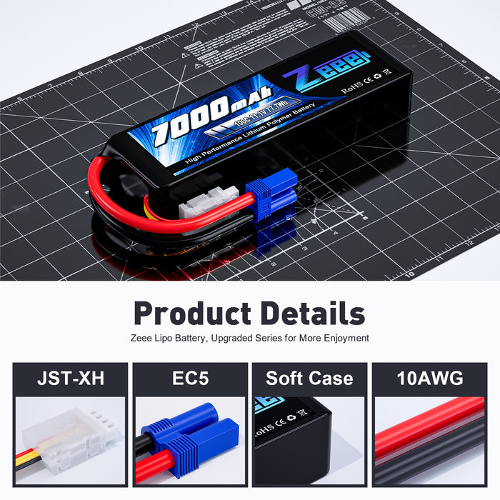 Zeee 3S Lipo Battery 7000mAh 11.1V 100C EC5 Connector Soft Case with Metal Plates for RC Car Truck Tank Racing Models (2 Pack)