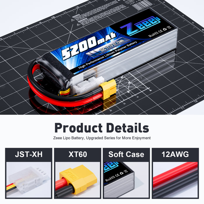 Zeee 3S Lipo Battery 5200mAh 50C 11.1V with XT60 Connector Soft Case for RC Airplane RC Car