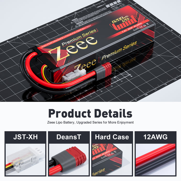 Zeee Premium Series 2S Lipo Battery 8200mAh 7.4V 120C Hard Case with Deans T Connector for RC Car RC Boat(2 Pack)