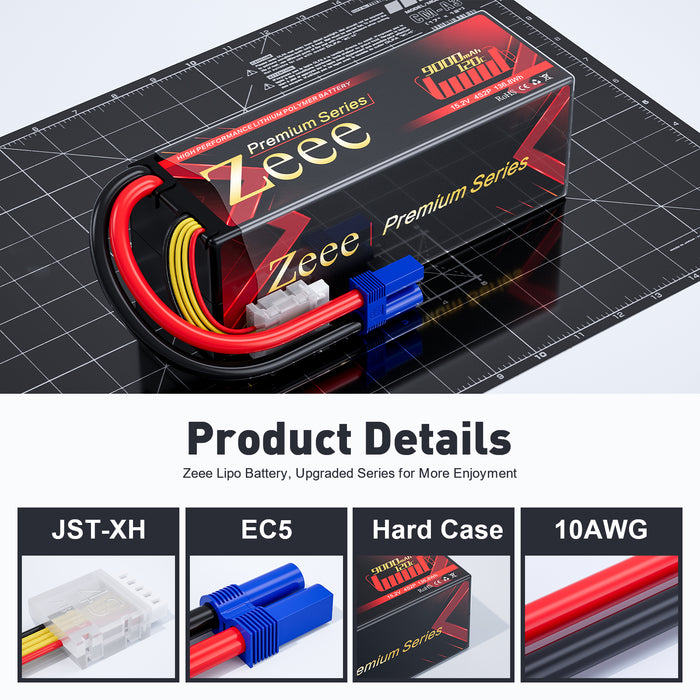 Zeee Premium Series 4S Lipo Battery 9000mAh 15.2V 120C Hard Case with EC5 Connector for RC Car Racing Models (2 Pack)