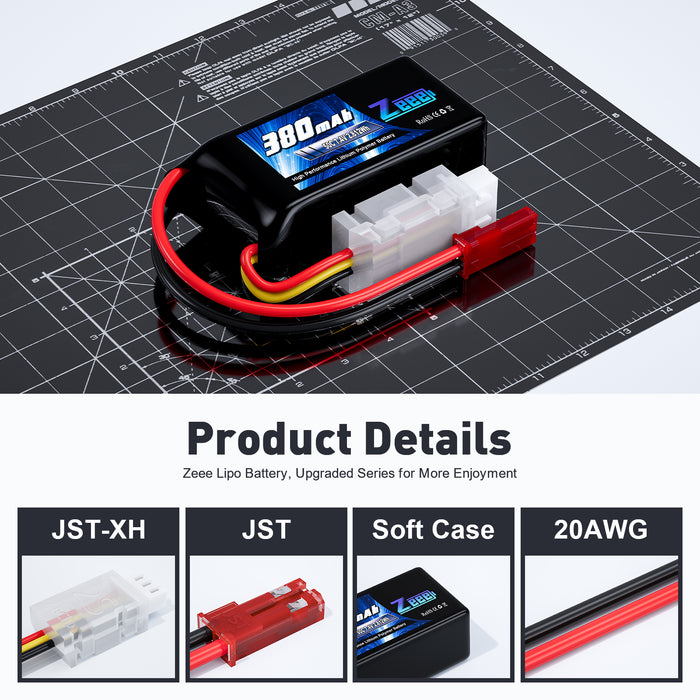 Zeee 2S Lipo Battery 380mAh 7.4V 50C RC Battery with JST Plug for Quadcopter UAV FPV Drone Racing Helicopter Airplane RC Boat RC Car RC Models(4 Pack)