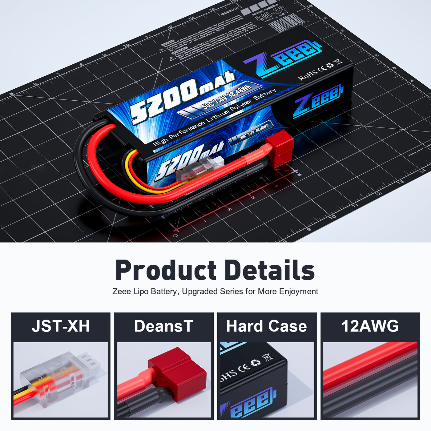 Batterie Lipo Zeee 2S 5200mAh 50C | 7.4V Deans T | Pour Voiture RC 1/10 1/8 | Pack De 2