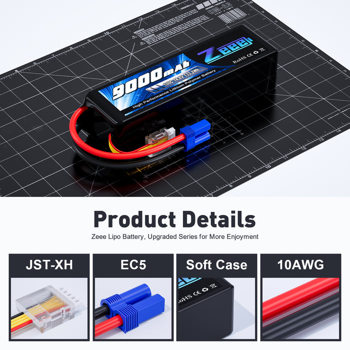 Zeee 4S Lipo Battery 9000mAh 14.8V 100C Soft Case EC5 Connector with Metal Plates for RC Car X-Maxx Truck Racing Hobby(2 Pack)