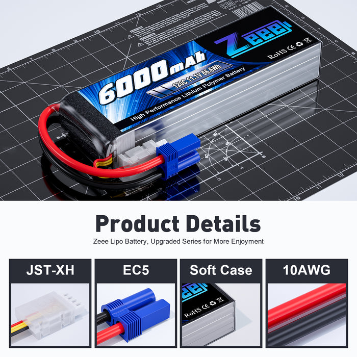 Zeee 3S Lipo Battery 6000mAh 11.1V 120C Soft Case with EC5 Connector for RC Car RC Models(2 Pack)