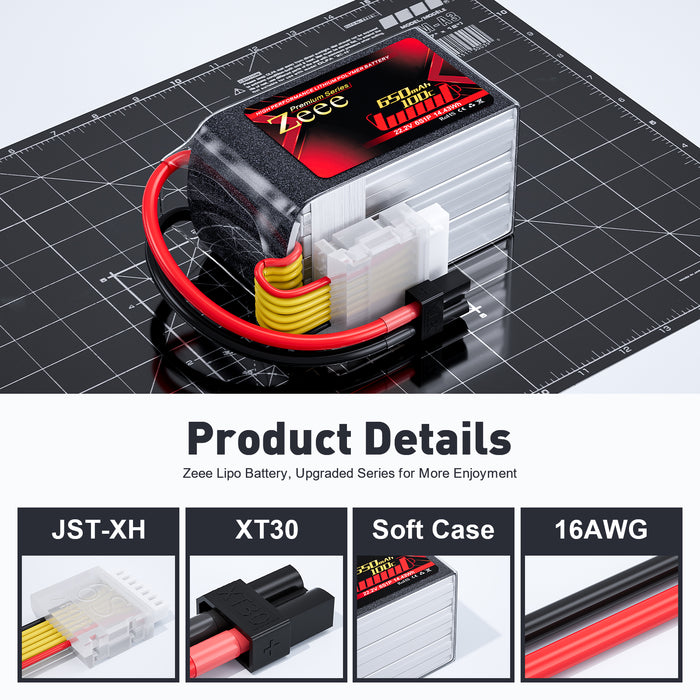 Zeee Premium Series 6S Lipo Battery 650mAh 22.2V 100C Soft Case with XT30 Plug for FPV Airplane RC Models (2 Pack)