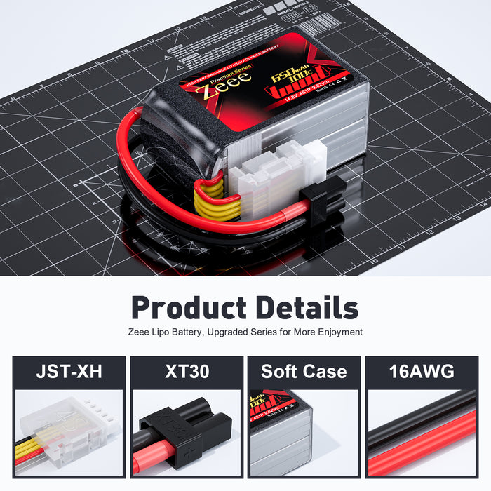 Zeee Premium Series 4S Lipo Battery 650mAh 14.8V 100C Soft Case with XT30 Plug for RC Car RC Models(2 Pack)