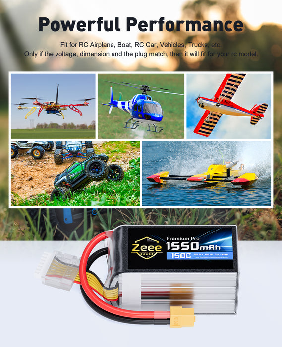 Zeee Premium Pro 6S Lipo Battery 1550mAh 22.2V 150C Ultra-Low IR Soft Pack Lipo Battery with XT60 Connector for FPV Racing Quadcopter Drone Helicopter Airplane RC Car Truck Boat RC Models (2 Packs)