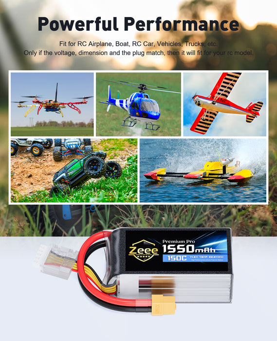 Zeee Premium Pro 1550mAh 4S Lipo Battery 14.8V 150C Ultra-Low IR Soft Pack RC Battery with XT60 Plug for FPV Drone Quadcopter Racing Helicopter Airplane RC Boat RC Car RC Models(2 Pack)