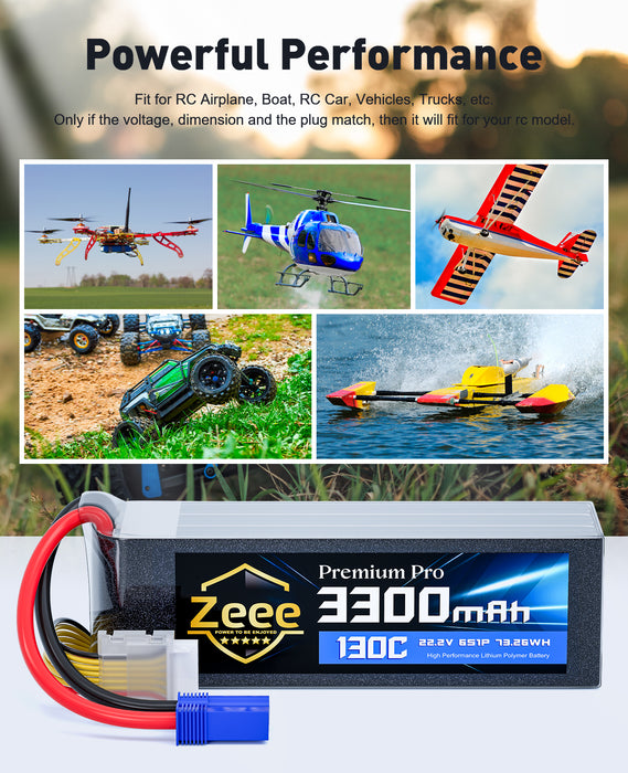 Zeee Premium Pro 6S Lipo Battery 3300mAh 22.2V 130C Ultra-Low IR Soft Pack Lipo Battery with EC5 Connector for RC Drone Car Truck Boat Helicopter Airplane Racing Models (2 Packs)