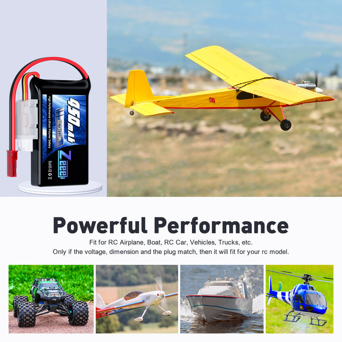 Zeee 2S Lipo Battery 450mAh 7.4V 50C Soft Pack RC Battery with JST Plug for FPV Drone Quadcopter Helicopter Airplane RC Boat RC Car RC Models(4 Pack)