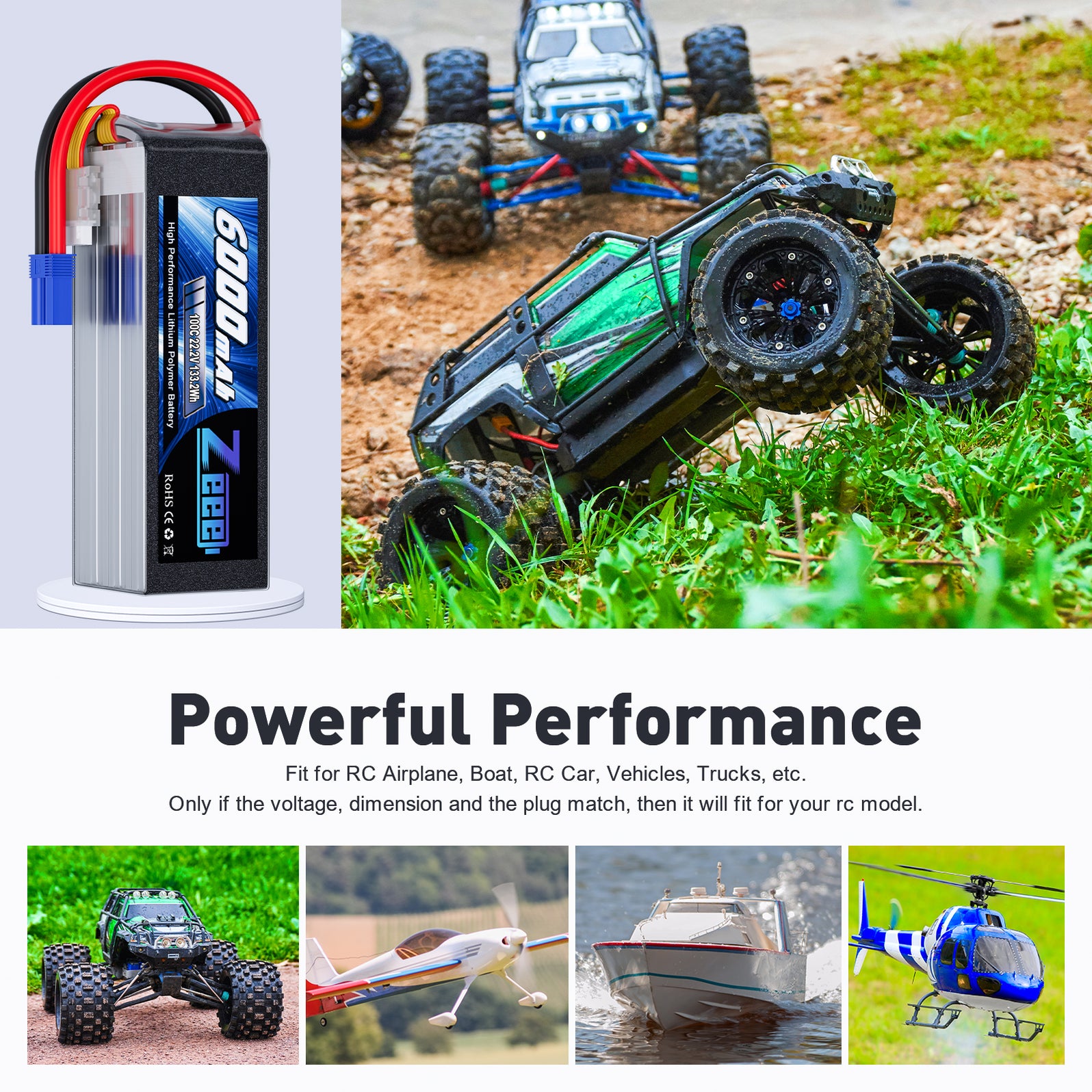 ZEEE 6000MAH 6S 22.2V 100C LiPO Con Plug EC5 Per Droni FPV RC CAR Buggy - Foto 8