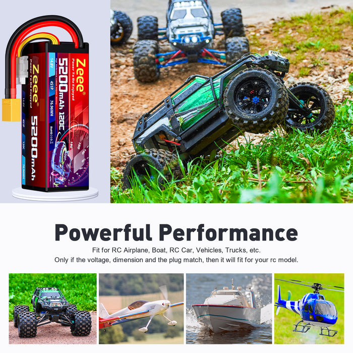 Zeee 4S Lipo Battery 5200mAh 14.8V 120C Hard Case RC Battery with XT90 Plug for RC Car RC Buggy Truggy 1/10 Scale Racing Truck Crawler Monster Boat(2 Pack)