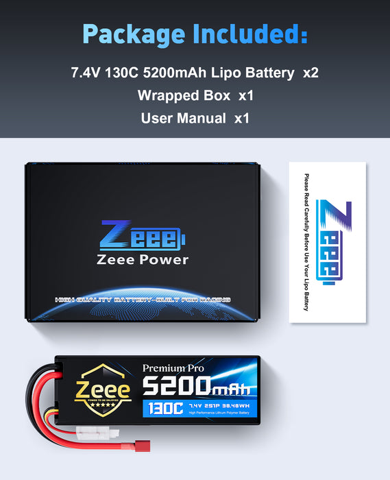 Zeee Premium Pro 2S Lipo Battery 5200mAh 7.4V 130C RC Battery Hard Case with T Plug Compatible with 1/8 1/10 RC Vehicles Car Slash RC Buggy Truggy RC Airplane Racing Models(2 Pack)