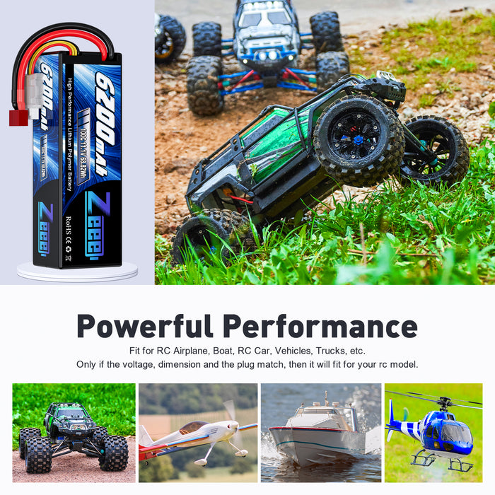 Zeee 3S Lipo Battery 6200mAh 11.1V 100C Hard Case with Deans T Connector for 1/8 1/10 Scale Vehicles RC Car(2 Pack)