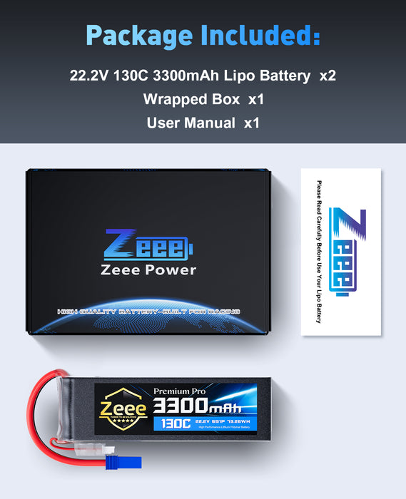 Zeee Premium Pro 6S Lipo Battery 3300mAh 22.2V 130C Ultra-Low IR Soft Pack Lipo Battery with EC5 Connector for RC Drone Car Truck Boat Helicopter Airplane Racing Models (2 Packs)