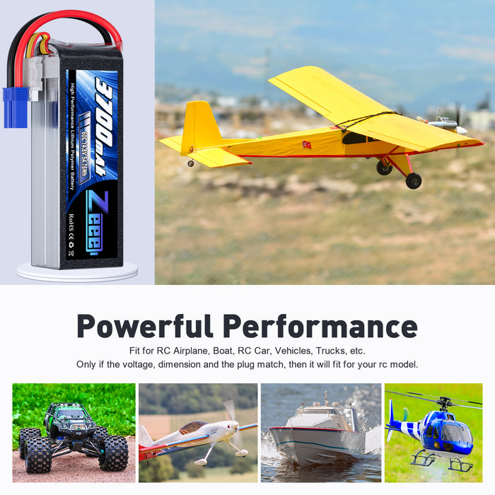 Zeee 4S Lipo Battery 3700mAh 14.8V 60C Soft Case with EC5 Plug for RC Airplane RC Models(2 Packs)