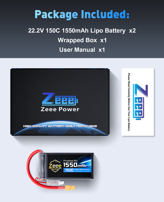 Zeee Premium Pro 6S Lipo Battery 1550mAh 22.2V 150C Ultra-Low IR Soft Pack Lipo Battery with XT60 Connector for FPV Racing Quadcopter Drone Helicopter Airplane RC Car Truck Boat RC Models (2 Packs)