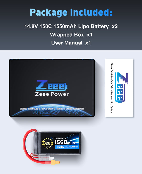 Zeee Premium Pro 1550mAh 4S Lipo Battery 14.8V 150C Ultra-Low IR Soft Pack RC Battery with XT60 Plug for FPV Drone Quadcopter Racing Helicopter Airplane RC Boat RC Car RC Models(2 Pack)