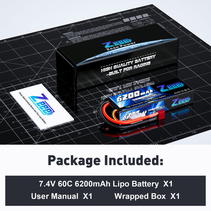 Zeee 2S Lipo Battery 6200mAh 7.4V 60C Hard case with Deans Connector for RC Vehicles Car Truck Truggy Boat(1 Pack)