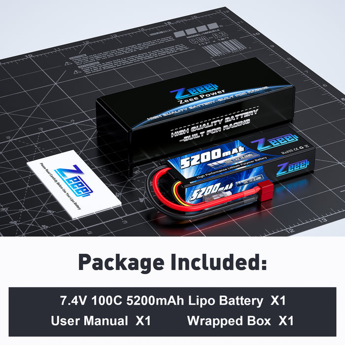 Zeee 2S Lipo Battery 5200mAh 7.4V 100C Deans T Connector for RC Car Buggy Losi 1/10 Scale Racing Model