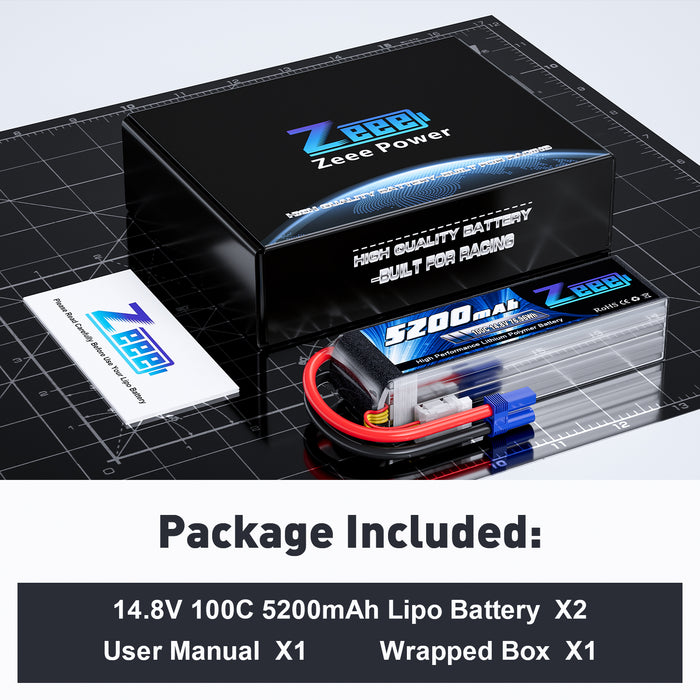 Zeee 4S Lipo Battery 14.8V 5200mAh 100C with EC5 Plug Soft Case for RC Plane RC Car(2 Pack)