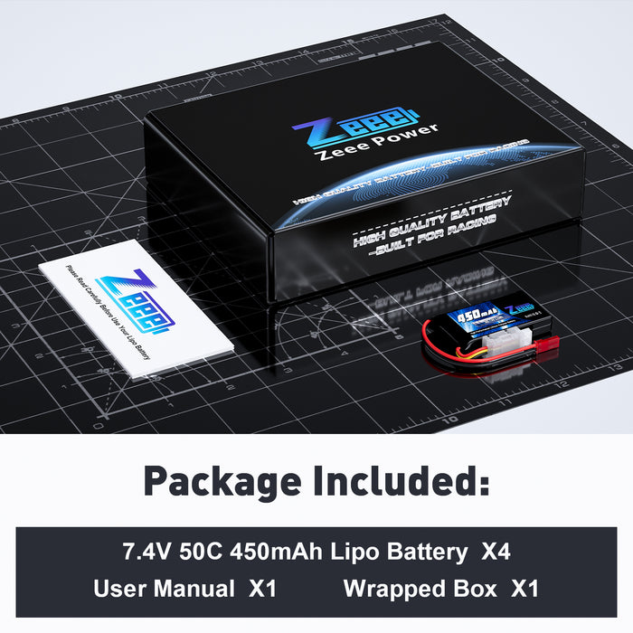 Zeee 2S Lipo Battery 450mAh 7.4V 50C Soft Pack RC Battery with JST Plug for FPV Drone Quadcopter Helicopter Airplane RC Boat RC Car RC Models(4 Pack)