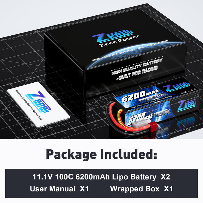 Zeee 3S Lipo Battery 6200mAh 11.1V 100C Hard Case with Deans T Connector for 1/8 1/10 Scale Vehicles RC Car(2 Pack)