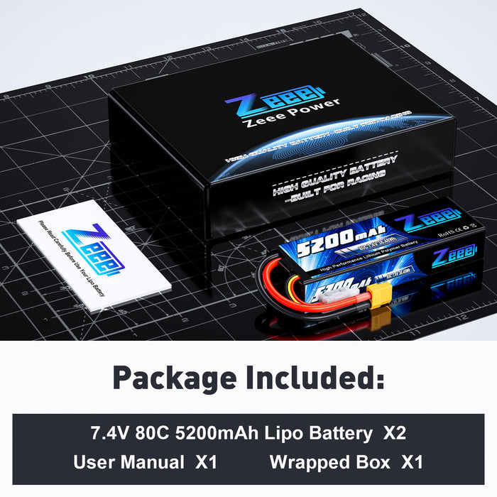 Zeee 2S Lipo Battery 5200mAh  7.4V 80C with XT60 Plug Hard Case for 1/8 1/10 RC Car(2 Packs)