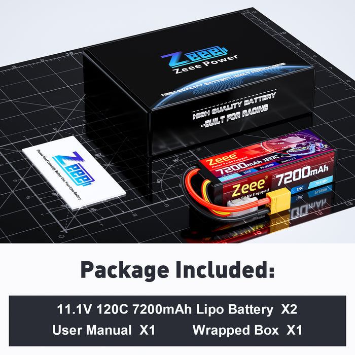 Zeee 3S Lipo Battery 7200mAh 11.1V 120C Hard Case RC Battery with XT90 Connector for 1/8 1/10 Scale Vehicles RC Car Tank Truggy Buggy RC Trucks Boats(2 Pack)