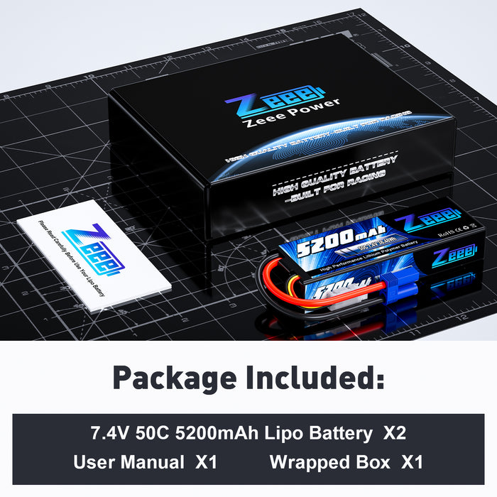 Zeee 2S Lipo Battery 5200mAh 7.4V 50C Hard Case with EC5 Plug for 1/8 1/10 RC Car(2 Pack)