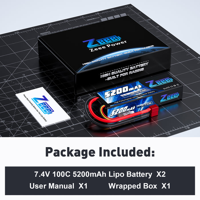Zeee 2S Lipo Battery 7.4V 5200mAh 100C with Deans T Connector for RC Car RC Model(2 Pack)