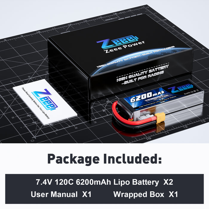 Zeee 2S 6200mAh Lipo Battery 7.4V 120C Soft Case RC Car Battery with XT60 Connector for RC Vehicles RC Truck Tank Truggy Boat Racing Hobby Models(2 Pack)
