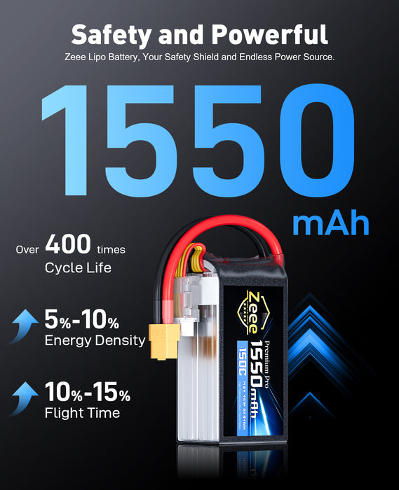 Zeee Premium Pro 1550mAh 4S Lipo Battery 14.8V 150C Ultra-Low IR Soft Pack RC Battery with XT60 Plug for FPV Drone Quadcopter Racing Helicopter Airplane RC Boat RC Car RC Models(2 Pack)