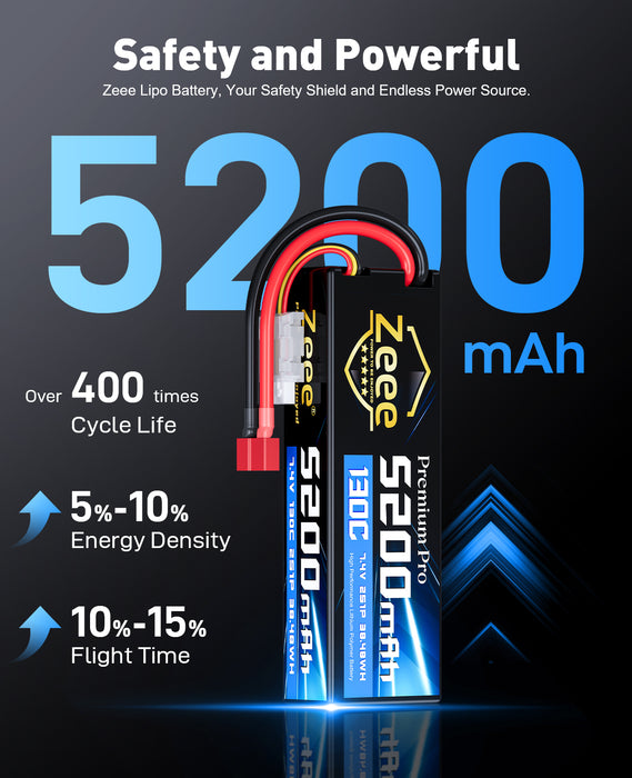 Zeee Premium Pro 2S Lipo Battery 5200mAh 7.4V 130C RC Battery Hard Case with T Plug Compatible with 1/8 1/10 RC Vehicles Car Slash RC Buggy Truggy RC Airplane Racing Models(2 Pack)