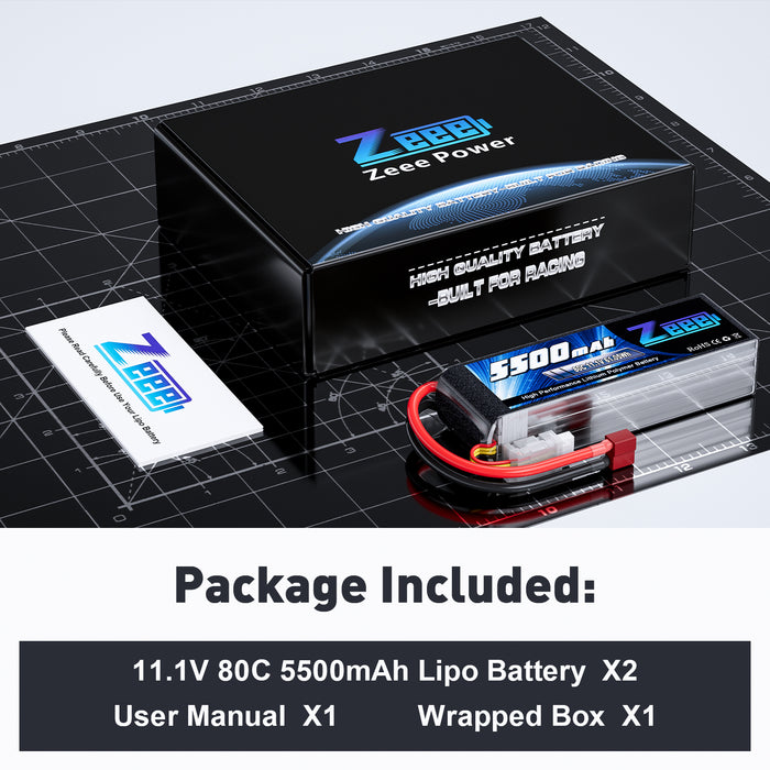 Zeee 3S Lipo Battery 5500mAh 11.1V 80C with Deans T Connector Soft Case for Airplane RC Car(2 Pack)